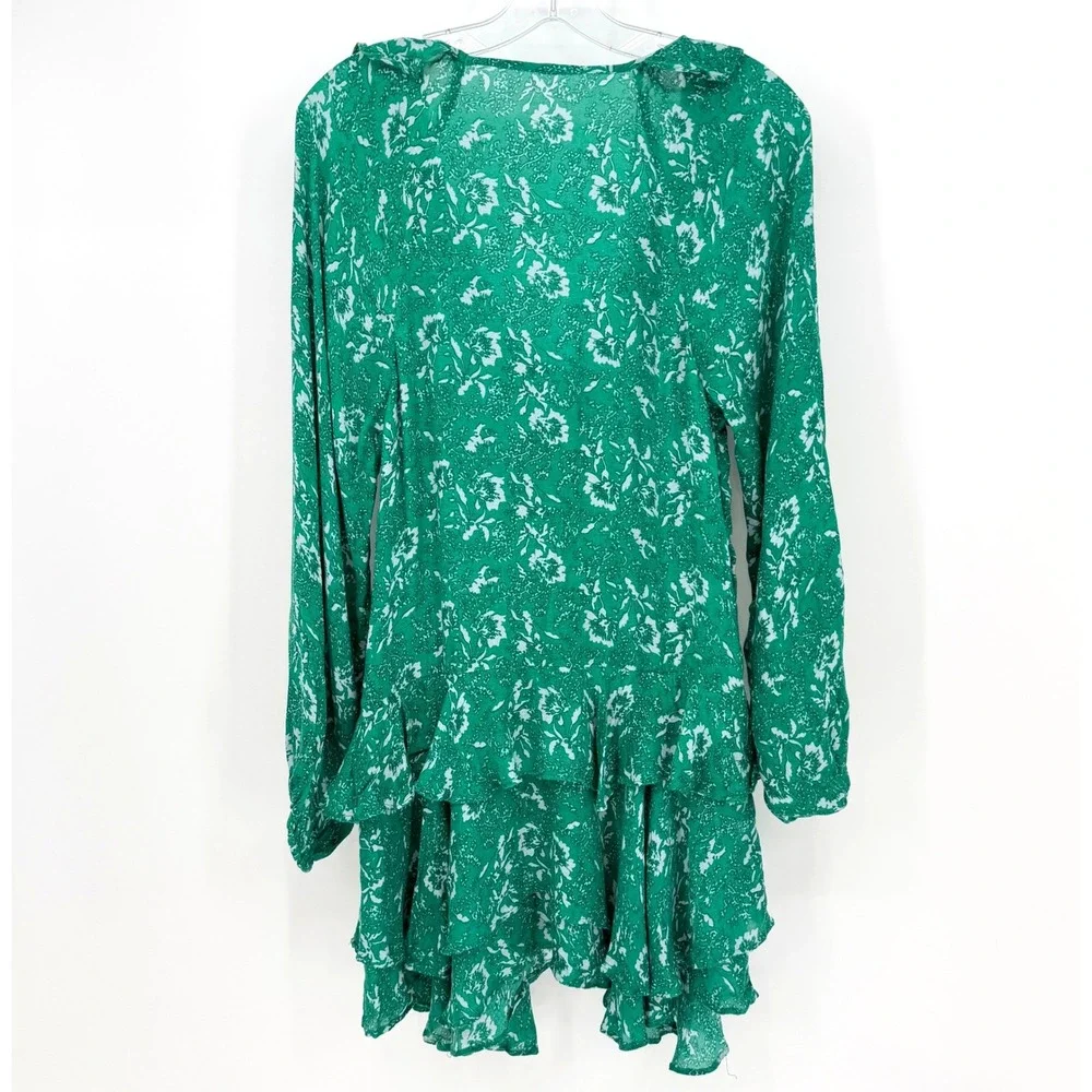 Free People Rebecca Mini Dress Womens S Green Floral Ruffle Boho Cottage Fairy